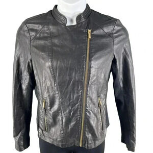 Calvin Klein Size 8 Vegan Black leather jacket gold hardware Asymmetrical Lined